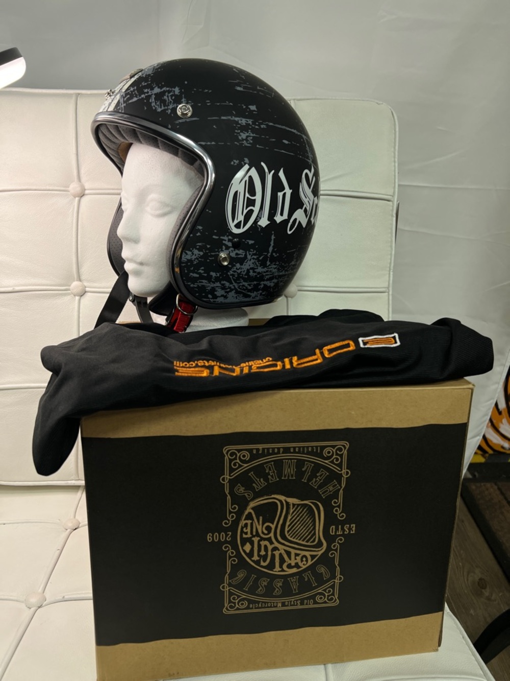 Vintage Black Open-Face Motorcycle Helmet with White Script